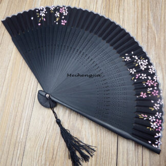 Elegant Carved Black Bamboo Folding Fan – Hand-Painted Chinese Traditional Style
