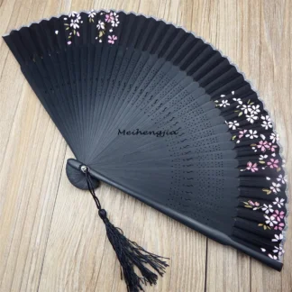 Elegant Carved Black Bamboo Folding Fan – Hand-Painted Chinese Traditional Style
