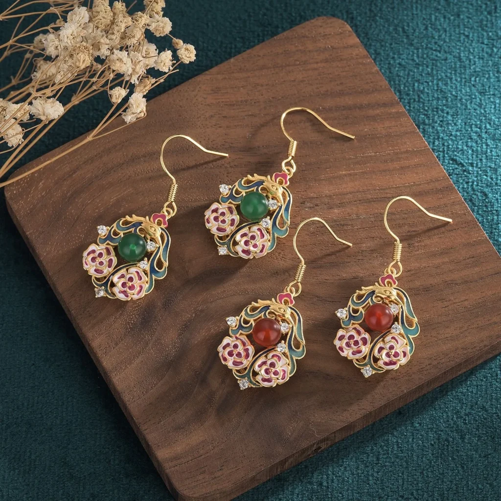 Hand-Painted Cloisonné Earrings with Natural Chalcedony – Enamel Chinese Palace Style Dangling Studs