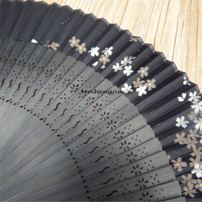 Elegant Carved Black Bamboo Folding Fan – Hand-Painted Chinese Traditional Style - Image 2