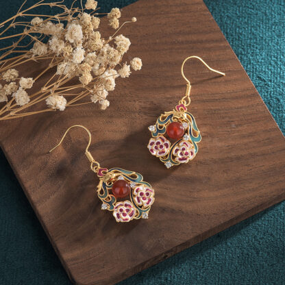 Chinese Cloisonné Enamel Earrings – Natural Chalcedony, Antique Style Jewelry - Image 2
