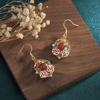 Hand-Painted Cloisonné Earrings with Natural Chalcedony – Enamel Chinese Palace Style Dangling Studs - Image 2