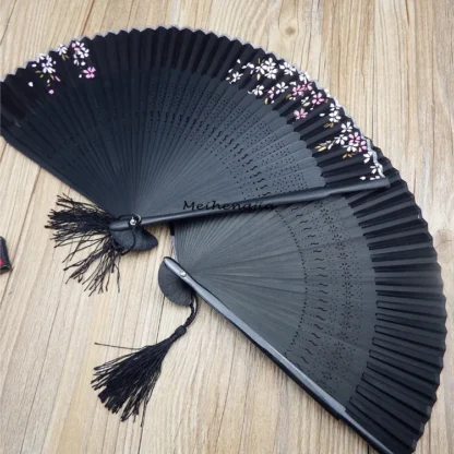 Elegant Carved Black Bamboo Folding Fan – Hand-Painted Chinese Traditional Style - Image 3