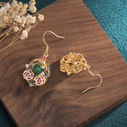 Chinese Cloisonné Enamel Earrings – Natural Chalcedony, Antique Style Jewelry - Image 7