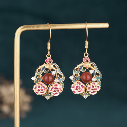 Chinese Cloisonné Enamel Earrings – Natural Chalcedony, Antique Style Jewelry - Image 6