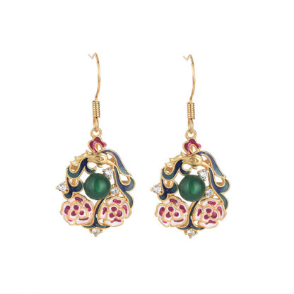 Chinese Cloisonné Enamel Earrings – Natural Chalcedony, Antique Style Jewelry - Image 5