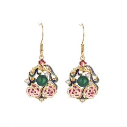 Hand-Painted Cloisonné Earrings with Natural Chalcedony – Enamel Chinese Palace Style Dangling Studs - Image 3