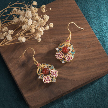 Chinese Cloisonné Enamel Earrings – Natural Chalcedony, Antique Style Jewelry - Image 4