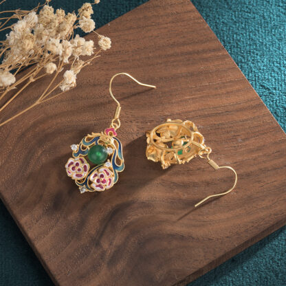 Chinese Cloisonné Enamel Earrings – Natural Chalcedony, Antique Style Jewelry - Image 3