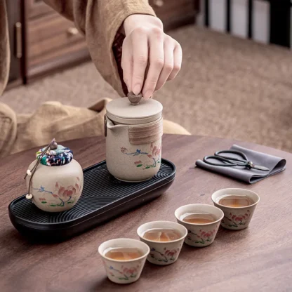 Portable Travel Tea Set with Coarse Pottery Teapot and Cups – Compact Chinese Gongfu Tea Kit for Outdoor Camping & Hiking - Image 5
