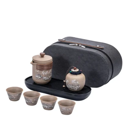 Portable Travel Tea Set with Coarse Pottery Teapot and Cups – Compact Chinese Gongfu Tea Kit for Outdoor Camping & Hiking - Image 3