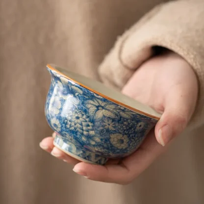 Ru Kiln Floral Blue and White Porcelain Tea Cup – Traditional Chinese Teaware - Image 2