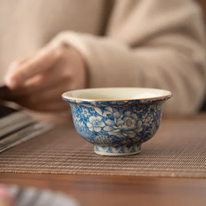 Ru Kiln Floral Blue and White Porcelain Tea Cup – Traditional Chinese Teaware - Image 5